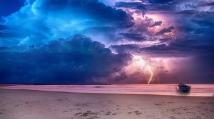 Lightning Nature Sea Beach Boat Sky Clouds Storm 3840x2560 Wallpaper