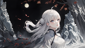 Ai Art White Hair White Clothing Night Maple Leaf Anime Girls Moon Chinese Dress Leaves Looking At V 3840x2160 Wallpaper