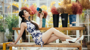 Asian Model Women Long Hair Dark Hair Sitting High Heels Cheongsam 3840x2467 Wallpaper