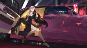 Anime Anime Girls Dress Gloves Heels Pink Hair Pink Eyes Flower In Hair Car Looking Away Smiling Elb 2000x1125 Wallpaper