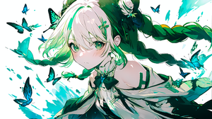 Ai Art Gradient Hair Butterfly Braids Green Eyes Anime Girls Two Tone Hair Bow Tie Blushing Looking  4032x2268 Wallpaper