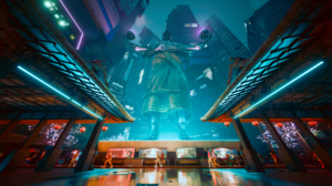 Screen Shot Cyberpunk 2077 CD Projekt RED Video Games CGi Statue City City Lights 2560x1440 Wallpaper