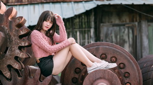 Asian Model Women Long Hair Dark Hair Sitting Sneakers Pink Pullover Black Shorts Gears Depth Of Fie 1920x1280 Wallpaper