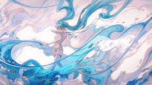 Ying Yi Anime Girls Illustration Water Blue Twintails Hatsune Miku Looking At Viewer Thigh Highs Blu 4000x1714 Wallpaper