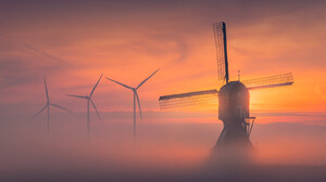 Windmill Mist Sunset Sunset Glow 1600x1067 Wallpaper