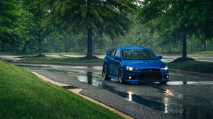 Car Mitsubishi Lancer Evo X Vehicle Rain Trees Grass Water Road 2048x1367 Wallpaper