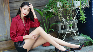 Asian Model Women Long Hair Dark Hair Sitting Red Blouse Leather Skirts Black High Heels Flowerpot P 4562x3041 Wallpaper