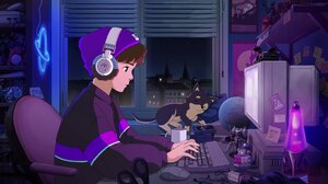 LofiGirl LoFi Neon LofiBoy Purple Blue Lava Lamp Computer Headphones Puppies Anime Boys Night Animal 2048x1152 Wallpaper