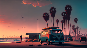 Volkswagen Buses Surfing Beach Sunset Palm Trees Vehicle 3060x2048 Wallpaper