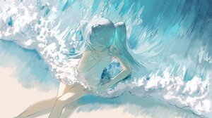 Anime Anime Girls Hatsune Miku Vocaloid Twintails Closed Eyes Blue Hair Waves Water Sitting Dress Lo 2250x1228 Wallpaper