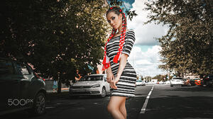 Anton Harisov Women Braids Long Hair Dyed Hair Dress Stripes Makeup Street Car 2000x1125 Wallpaper