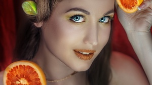 Daria Bliznyakova Face Style Portrait Makeup Lipstick Lime Lips Blue Eyes 2048x1365 Wallpaper