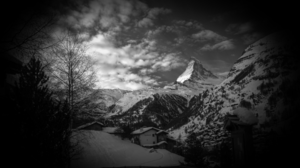Mountains Nature Monochrome Gray Switzerland Matterhorn Alps Winter Snow Trees Landscape House 1920x1080 Wallpaper