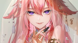 Anime Anime Girls Yae Miko Genshin Impact Genshin Impact Vertical Pink Hair Purple Eyes Lipstick Smi 2508x3541 Wallpaper