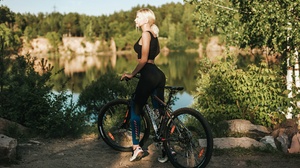 Women Model Women Outdoors Bicycle Vehicle Women With Bicycles Blonde Sneakers Trees Lake Reflection 2000x1125 Wallpaper