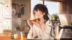 Anime Girls Toast Eggs Food Closed Eyes Coffee Anime Girls Eating 3014x1837 Wallpaper