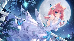 Anime Anime Girls Dress Elbow Gloves Looking At Viewer Smiling Moon Leaves Blue Eyes Fox Girl Fox Ea 8812x4956 Wallpaper