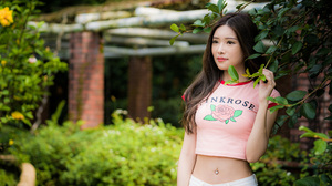 Asian Model Women Long Hair Brunette Pink Tops Pants Bushes Depth Of Field T Shirt Crop Top 3840x2561 Wallpaper