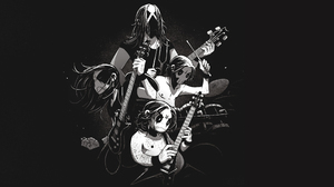 Black Metal Dark Dark Background Monochrome JP Ahonen Satanic Guitar Drums Musical Instrument 2844x1200 Wallpaper