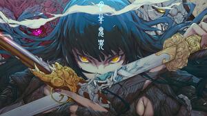 Anime Japanese Art Anime Girls Demons Oni Sword Pistol Weapon Long Hair Smoke Cyan Hair Yellow Eyes  5760x2880 Wallpaper