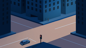 Digital Art Artwork Illustration Minimalism 2K Street Road Sunlight Traffic Lights Building Car Simp 2560x1440 Wallpaper