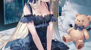 Anime Anime Girls Hanekoto Artwork Long Hair Ash Blonde Brown Eyes In Bed Dress Thigh Highs 1000x1414 wallpaper