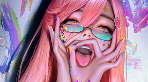 Chen Wang Women Pink Hair Tongue Out Body Paint Colorful Glasses Chainsaw Man Anime Girls Open Mouth 1016x1549 Wallpaper