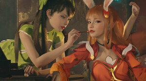 Lou LL Artwork Women ArtStation Two Women Bunny Ears Brunette Redhead Makeup Red Lipstick Long Hair  2560x1600 wallpaper