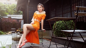 Max Chang Women Asian Orange Clothing Legs Terraces Orange Dress 2403x1602 wallpaper