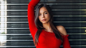 Oleg Klimin Women Olya Nefyodova Red Clothing Bare Shoulders Jeans Denim Reflection Model Brunette O 1440x2160 Wallpaper