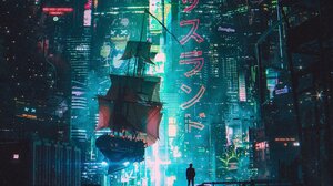 City Cyberpunk Science Fiction Neon Artwork Night City Lights Digital Art Building Japanese Ship Bri 2160x2700 Wallpaper
