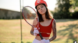 Brunette Women Model Inked Girls Tattoo Depth Of Field Face Portrait Tennis Bare Shoulders Sunlight  2770x1849 Wallpaper