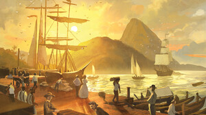 Brazil Classical Art Dock Ship Mountains Sun Artwork 1920x1280 Wallpaper