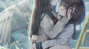 Anime Girls Anime Hugging Wings School Uniform 2896x4096 wallpaper