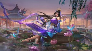 Three Kingdoms Sanguosha Flowers Asian Women Long Hair Video Games Video Game Characters Water Refle 3299x1556 Wallpaper