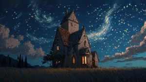 Ai Art House Stars Painting Sky Starry Night Grass 4579x2616 Wallpaper