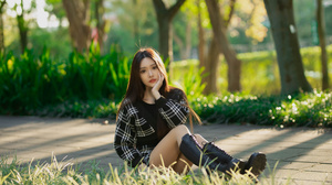 Asian Model Women Long Hair Dark Hair Depth Of Field Women Outdoors Sitting Trees Bushes Grass Boots 3840x2560 Wallpaper