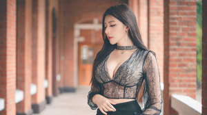 Model Brunette Asian Women Long Hair Lace Top Crop Top Depth Of Field Looking Below 3840x2160 Wallpaper