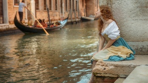 Dmitry Levykin Women Model Redhead Women Outdoors Curly Hair Barefoot River Venice Italy Sitting Gon 2560x1709 Wallpaper