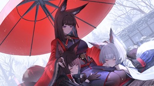 Anime Anime Girls Umbrella Fox Girl Fox Ears Fox Tail Gloves Closed Eyes Sleeping Snow Trees Azur La 2800x1548 Wallpaper