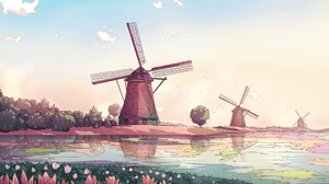 Windmill Flowers Water Sky Trees Reflection Clouds Nature 2560x1440 Wallpaper