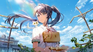 Anime Girls Suzume Iwato Sailor Uniform Long Hair Blue Sky Noise Building Cats Clouds Chair Sky Pony 6070x3072 Wallpaper
