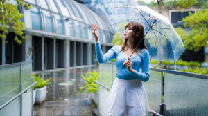 Asian Model Women Women Outdoors Long Hair Dark Hair Flowerpot Plants Umbrella Rain Pullover White S 3840x2559 Wallpaper