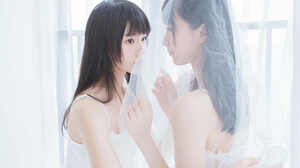 Women Asian White Dress Long Hair Bed 7952x5304 Wallpaper