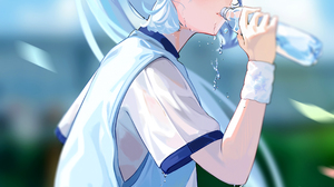 Anime Anime Girls Portrait Display Ponytail Water Bottle Water Blue Hair Blue Eyes Moles Mole Under  2746x5199 Wallpaper