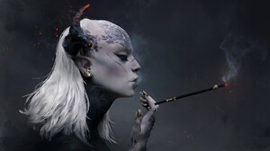 Women Artwork Digital Art Fantasy Art Fantasy Girl Face Horns Profile Smoking Inked Girls White Hair 1920x1080 Wallpaper