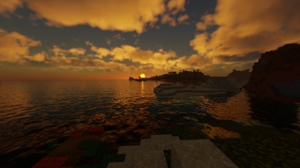 Minecraft Video Games Beach Sunset Water Peaceful CGi Cube Sky Clouds Sun Sunset Glow 1920x1080 wallpaper