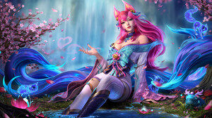 Ayu Drawing League Of Legends Women Fox Girl Ahri League Of Legends Pink Hair Dress Nine Tails Spiri 3840x2266 Wallpaper