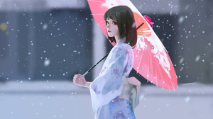Asian Umbrella Kimono Black Hair Short Hair Winter 3840x2226 Wallpaper