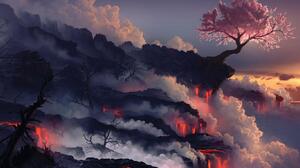 Cloud Eruption Lava Sunset Tree Volcano 1366x768 Wallpaper